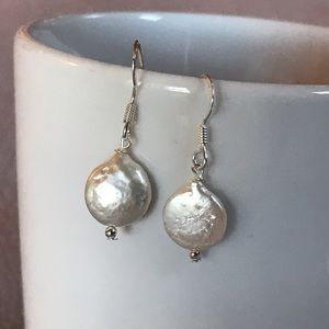 Sterling Silver Coin Pearl Drop Earrings - White